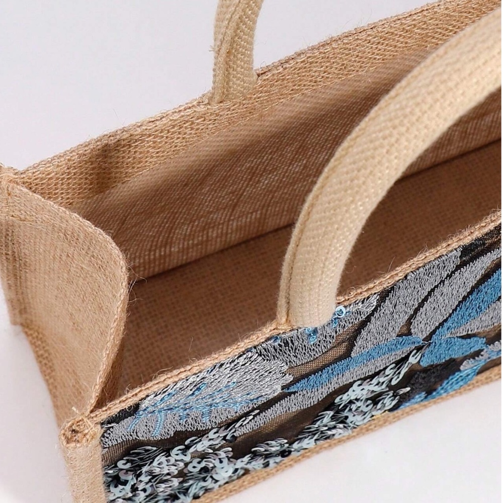 Boho Sequin Embroidered Burlap Medium Size Tote Bag - Picture 11 of 11